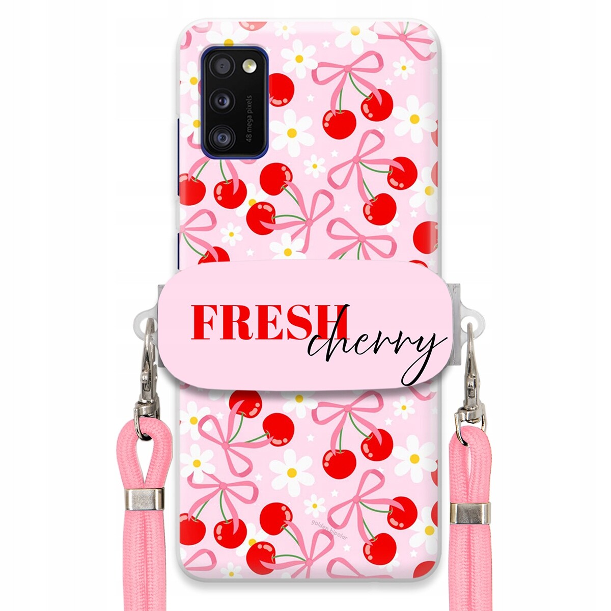 Pouzdro pro Samsung A41 Case Držák Šňůrka Růžová Cherry Třešničky Mašličky
