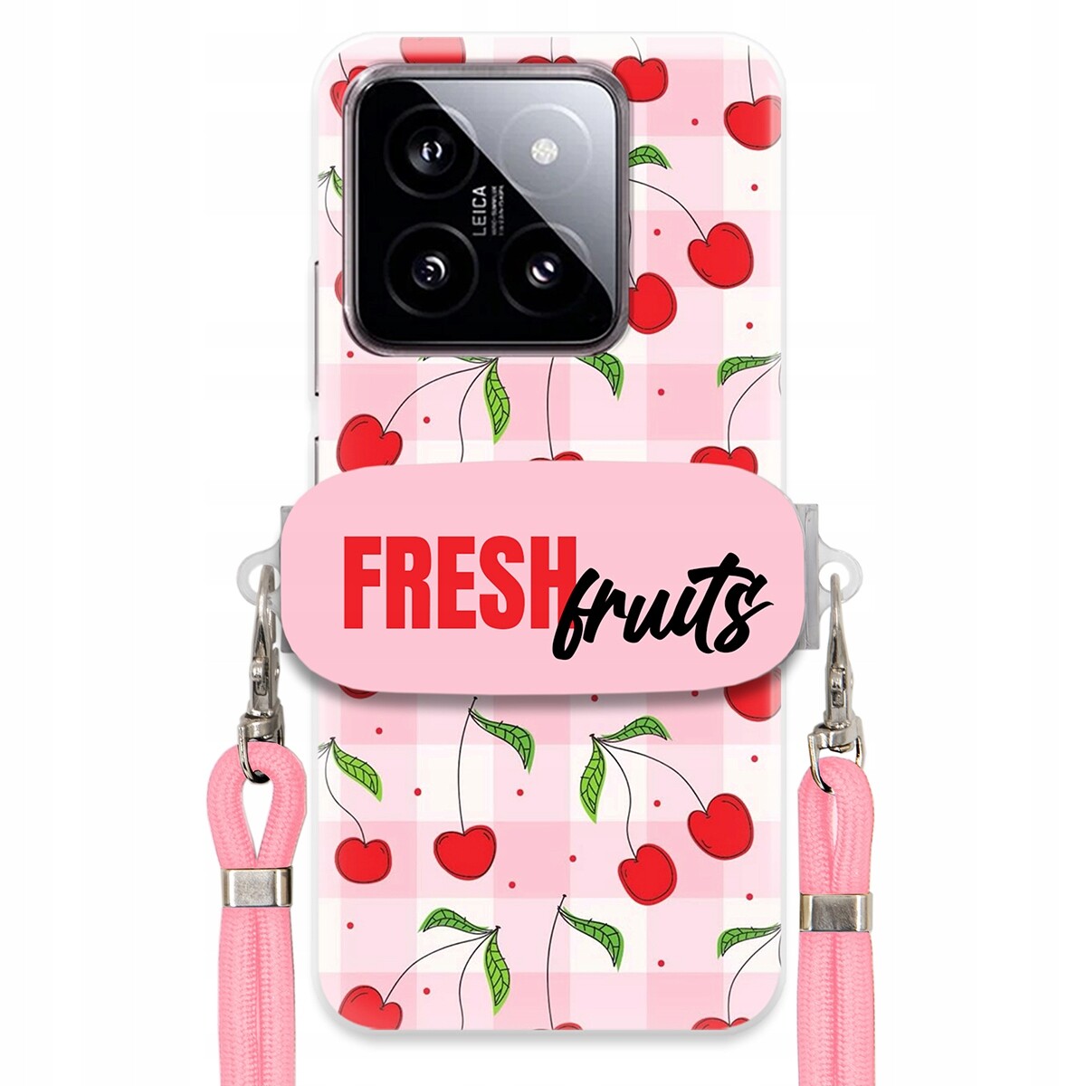 Pouzdro pro Xiaomi 14 Case Držák Šňůrka Růžová Fresh Fruits Mřížka Ovoce