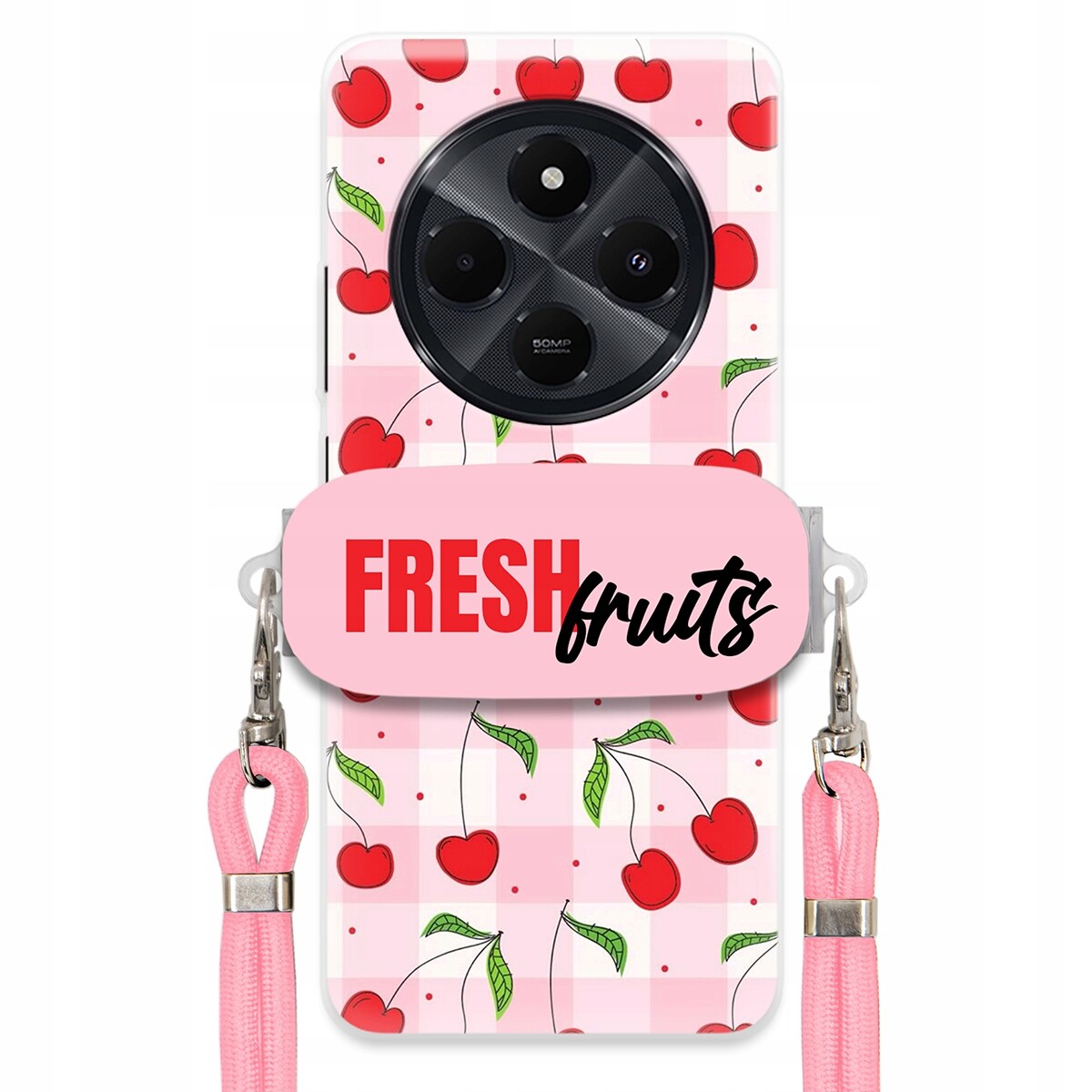 Pouzdro pro Xiaomi Redmi 14C 4G Case Držák Šňůra Růžová Fresh Fruits Mřížka