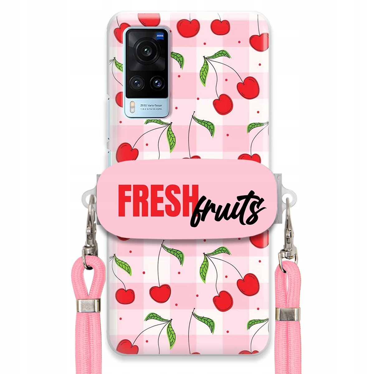 pouzdro na Vivo X60 Case Držák Šňůrka Růžová Fresh Fruits Mřížka Ovoce