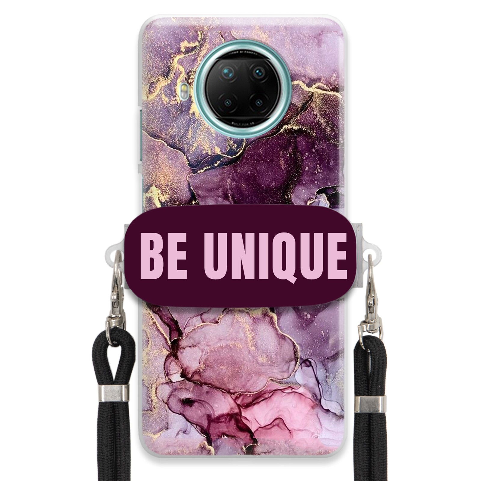 Pouzdro pro Xiaomi Redmi Note 9 5G úchytka na šňůrku Černá Fialová Mramorová