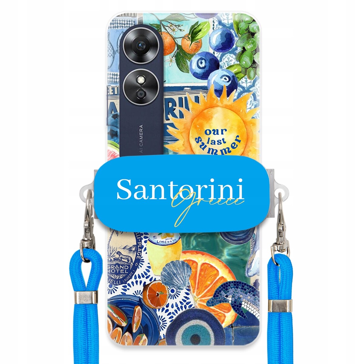 Pouzdro pro Oppo A17 Modré Crossbody vodítko držák Santorini Greece Sea