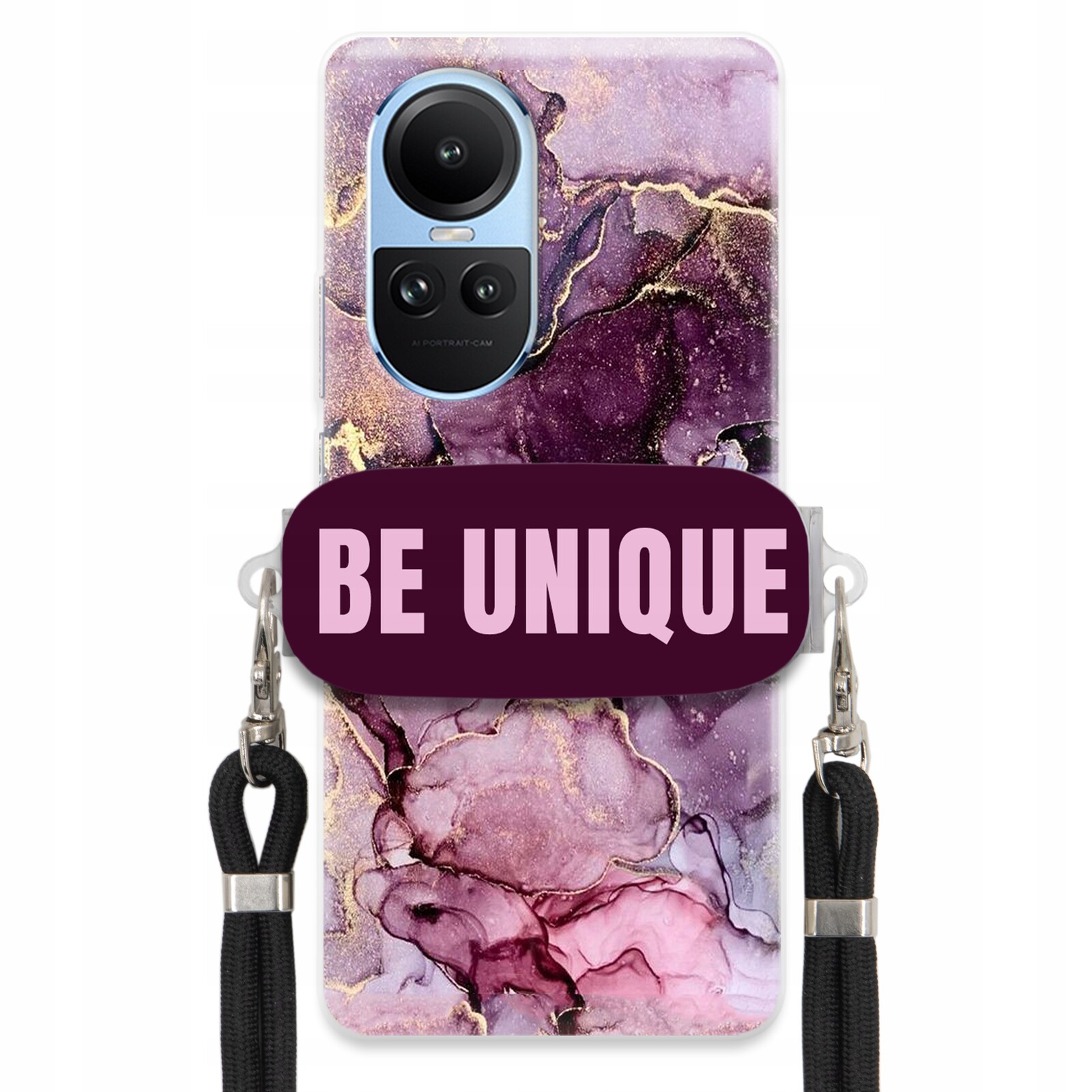 Pouzdro pro Oppo Reno 10 5G úchytka na šňůrku Černá Fialová Mramor Be Unique
