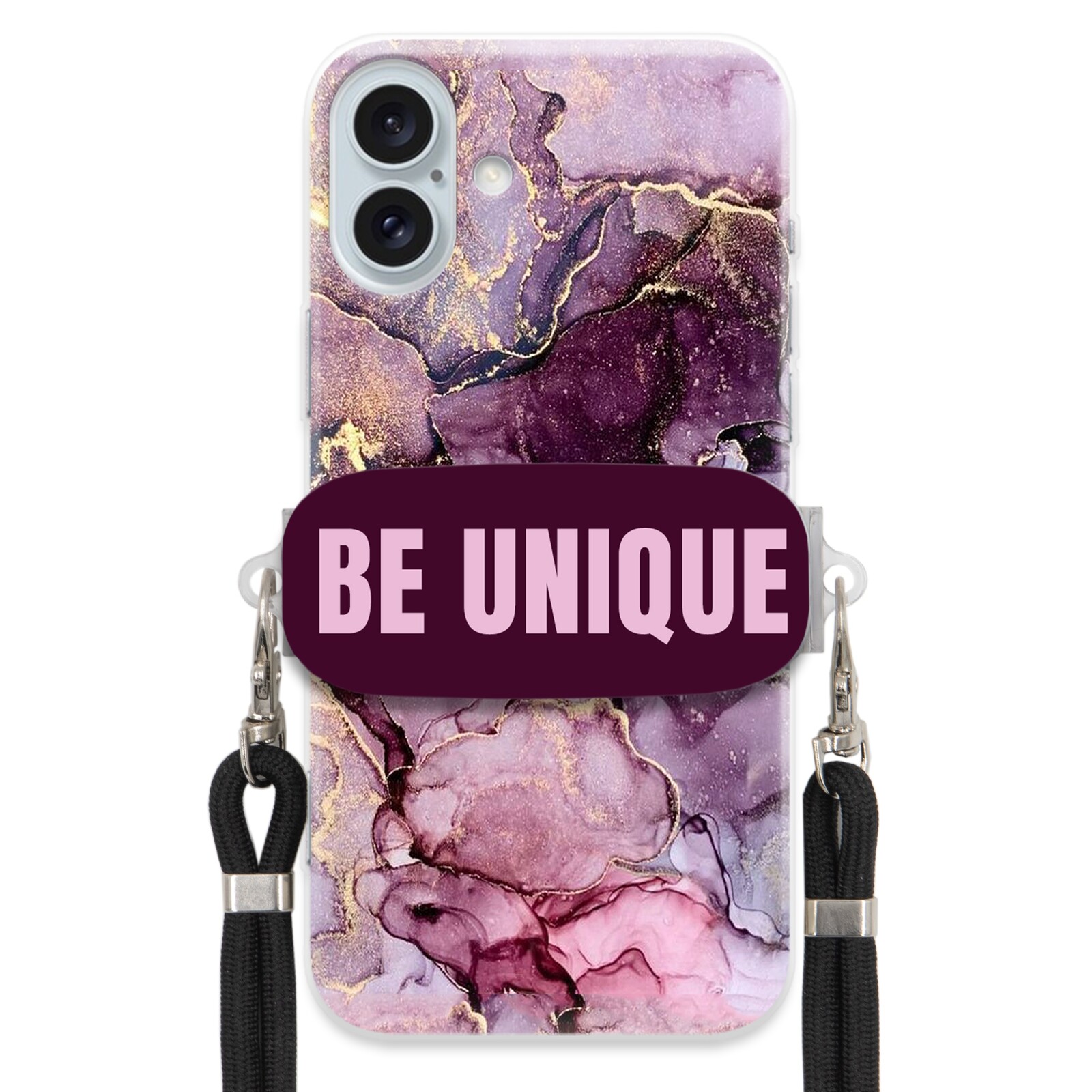 Pouzdro pro iPhone 16 Plus úchytka na šňůrku Černá Fialová Mramorová Be Unique