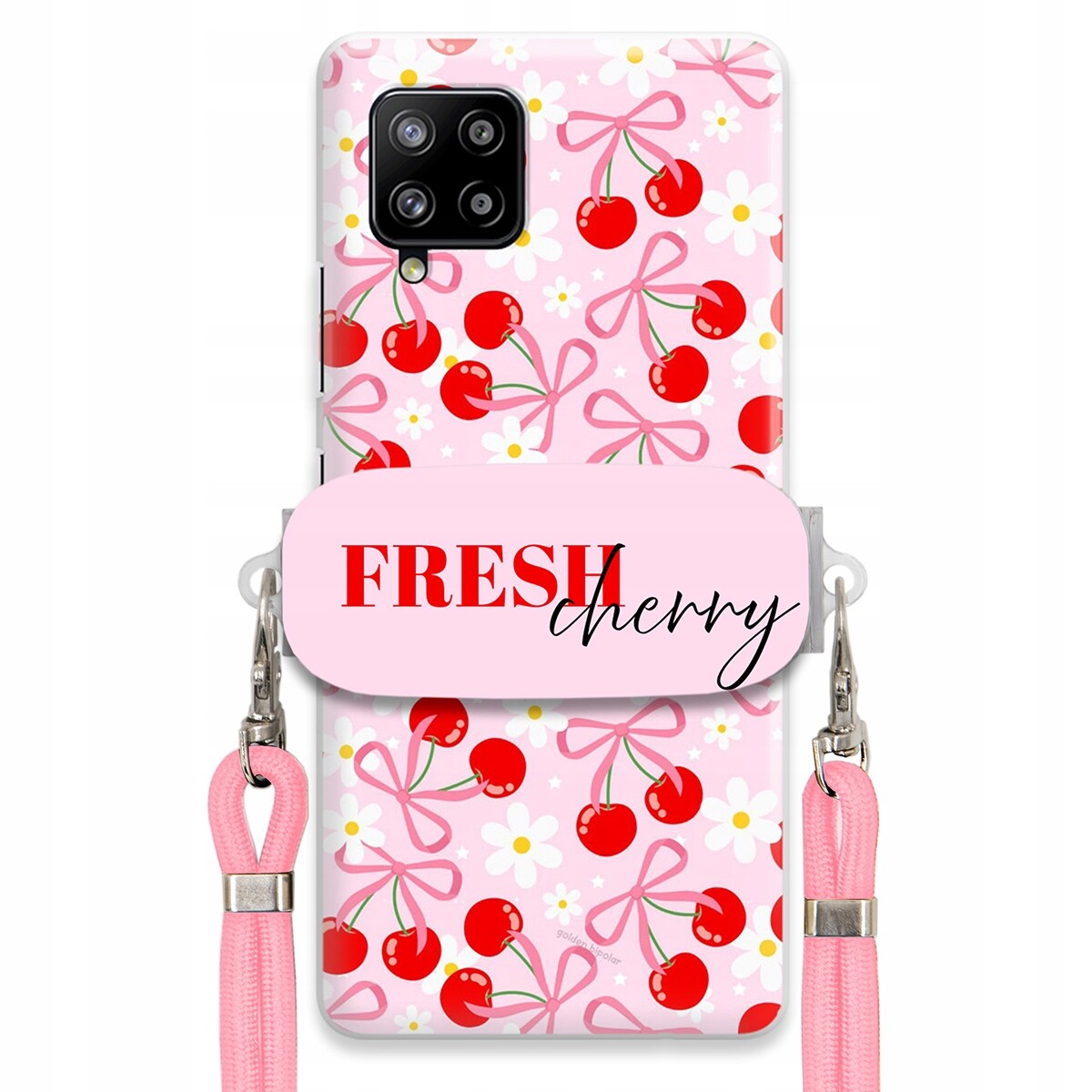 Pouzdro pro Samsung A42 5G Case Držák Šňůrka Růžová Fresh Cherry Kokardy