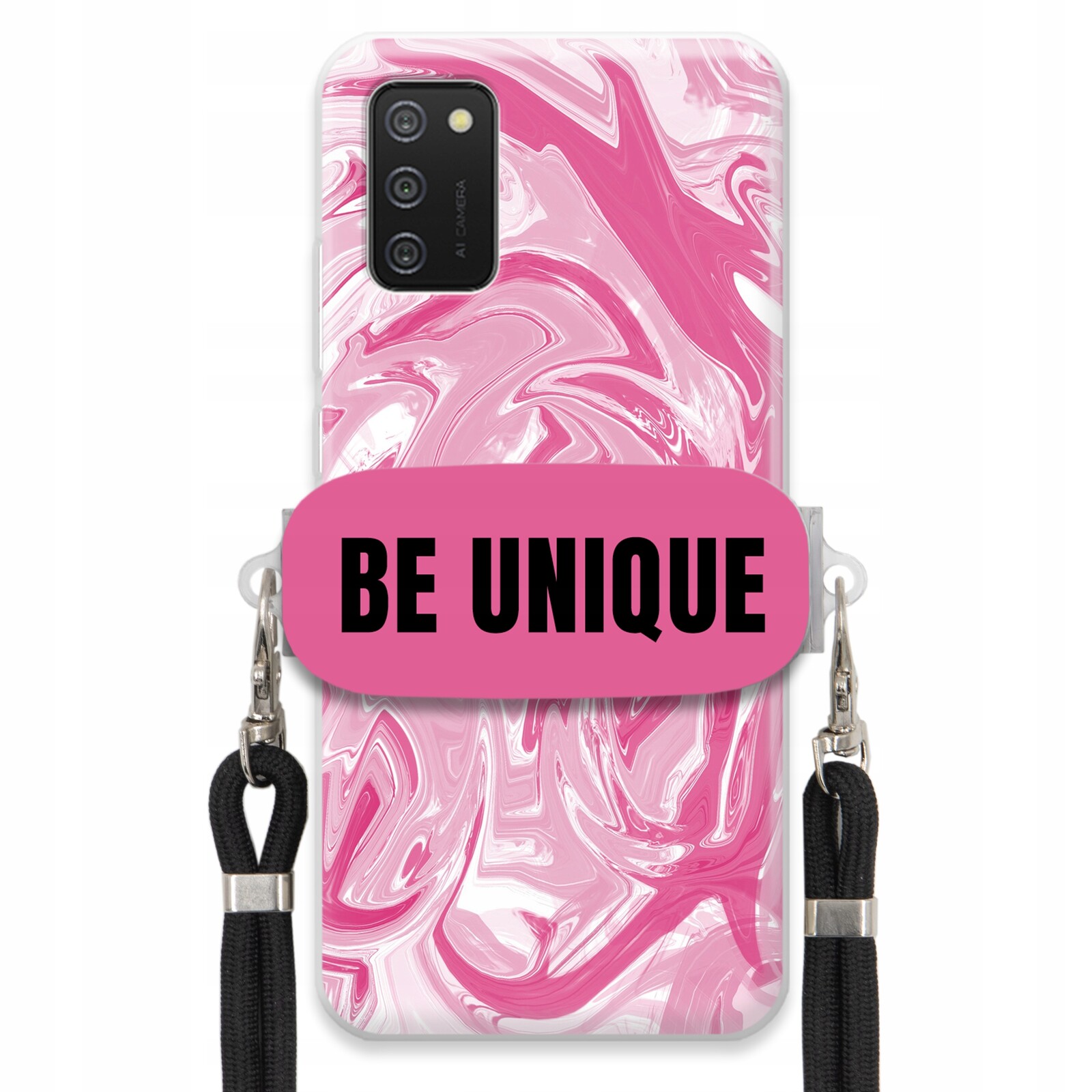 Pouzdro pro Samsung A02S Pouzdro úchytka Šňůrka Černá Růžová Mramor Be Unique