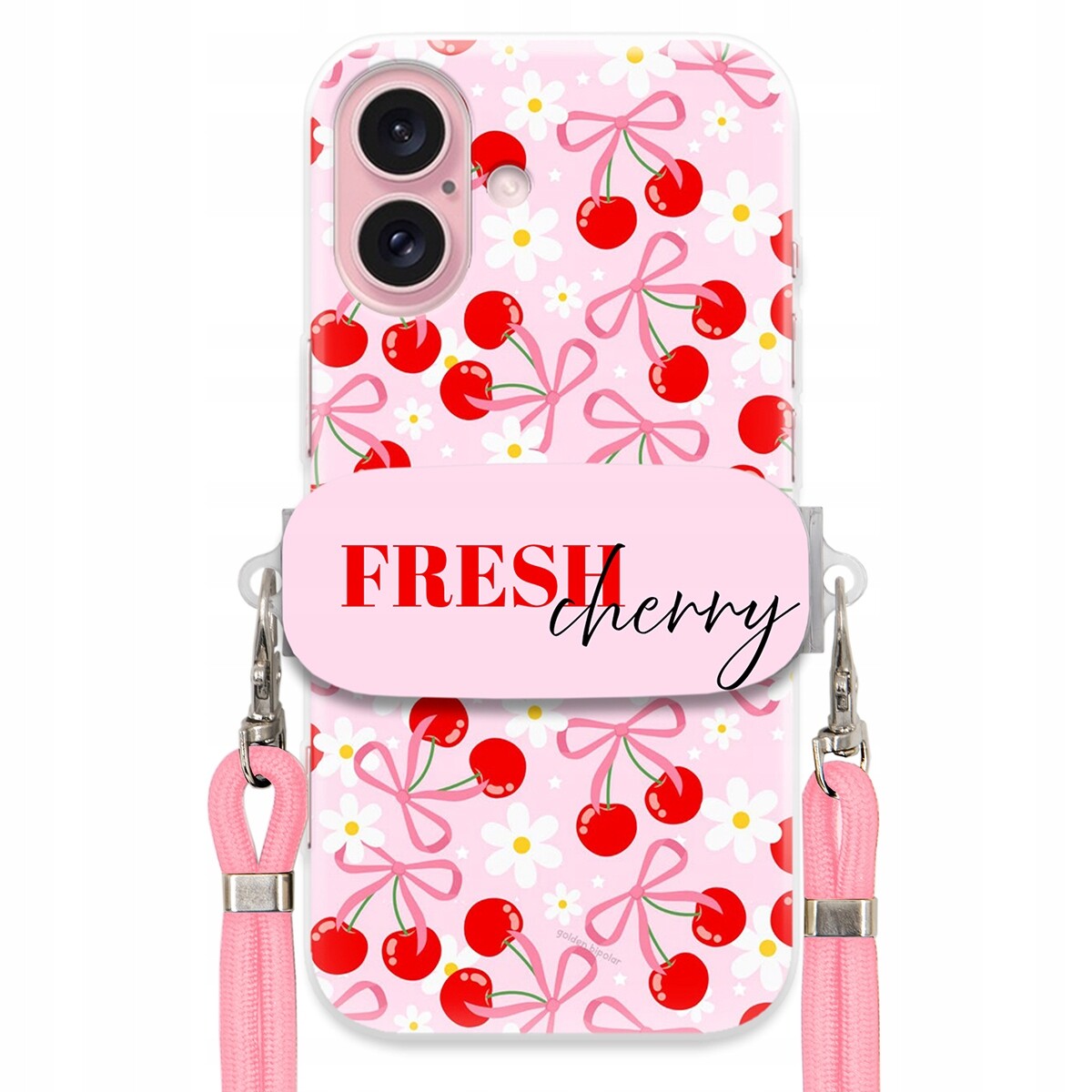 Pouzdro pro iPhone 16 Case Držák Šňůrka Růžová Cherry Třešničky Mašličky
