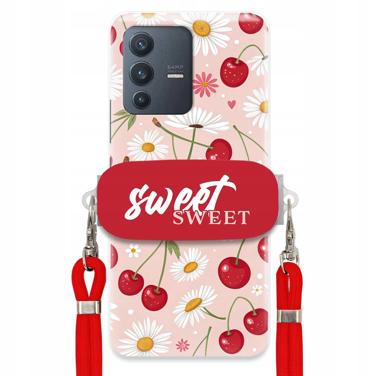 pouzdro na Vivo V23 Červené vodítko držák Crossbody Sweet Sweet Višňový Květ