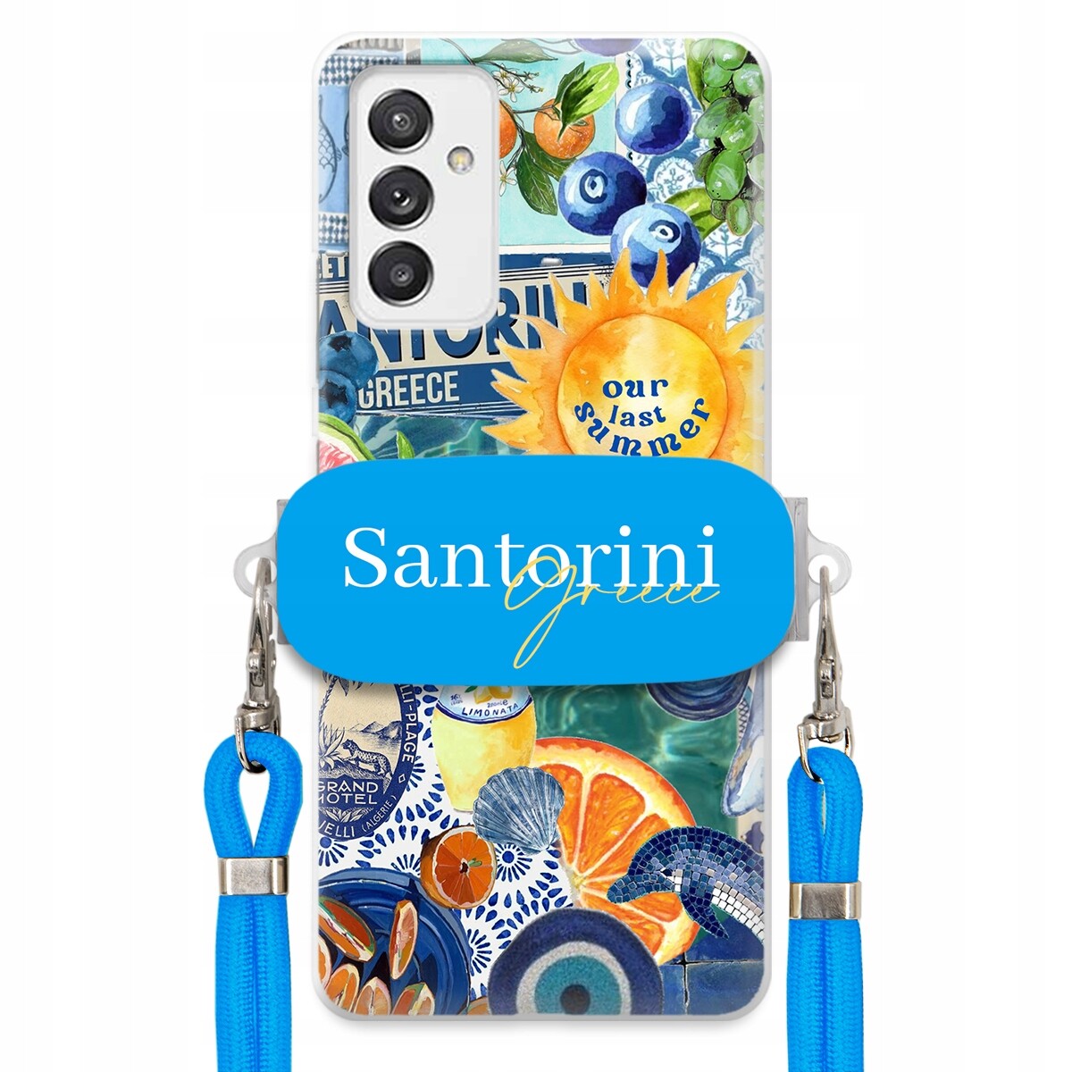 Pouzdro pro Samsung A82 5G Modré Crossbody vodítko držák Santorini Greece
