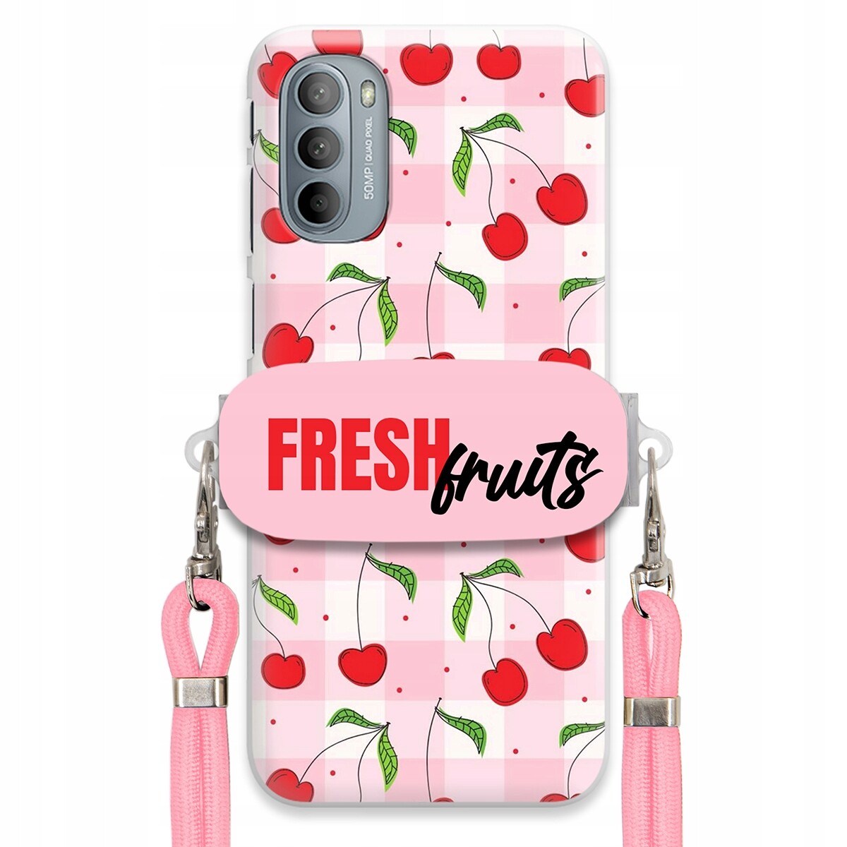 Pouzdro pro Motorola G31 4G Case Držák Šňůrka Růžová Fresh Fruits Mřížka