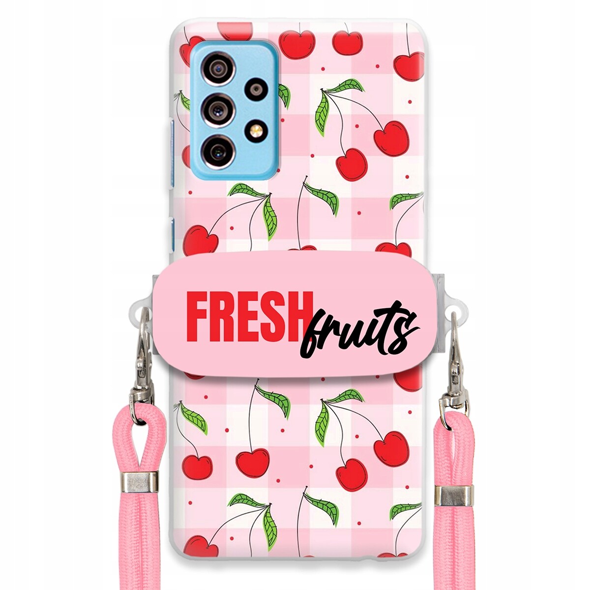 Pouzdro pro Samsung A73 5G Case Držák Šňůrka Růžová Fresh Fruits Mřížka