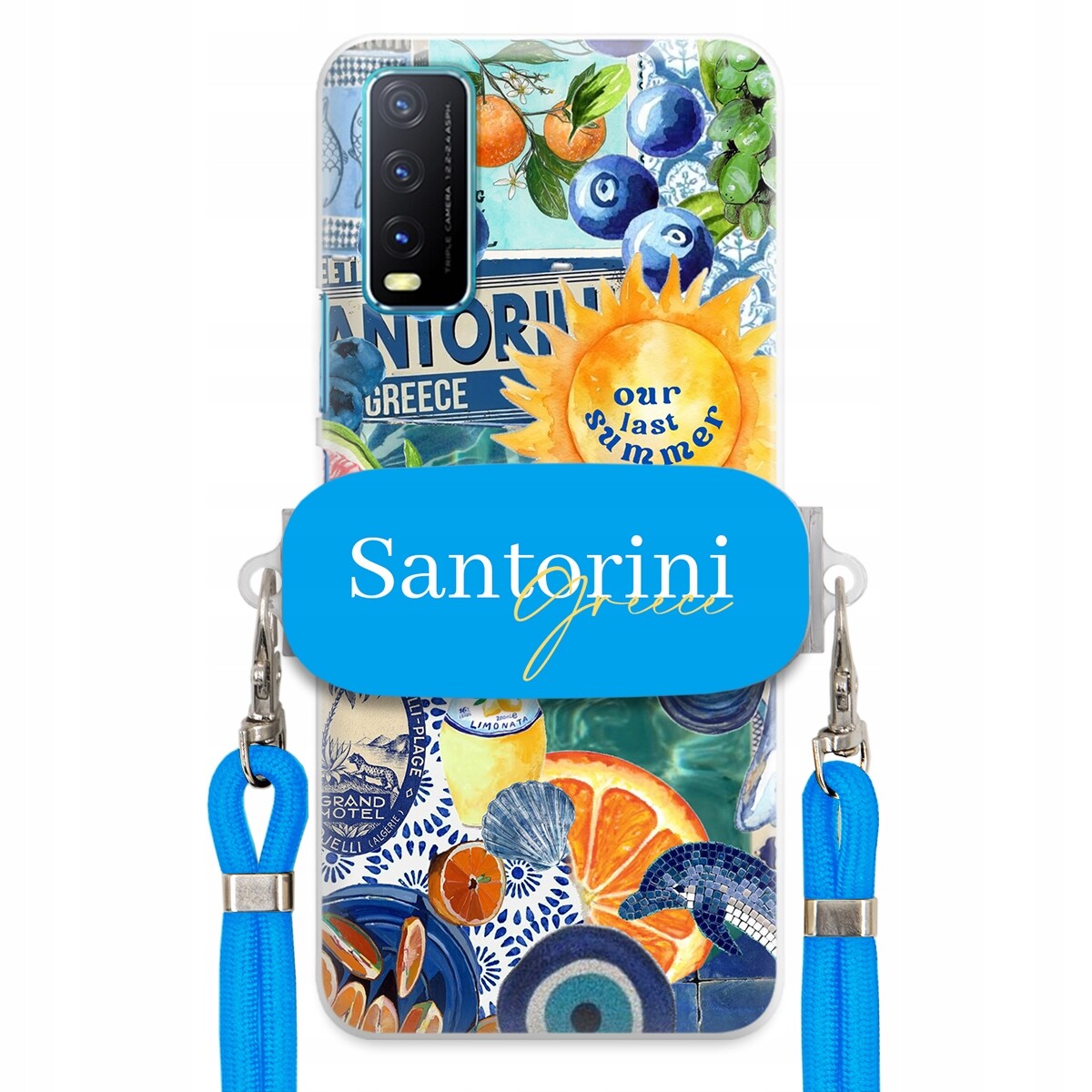 pouzdro na Vivo Y21 2021 Modré Crossbody vodítko držák Santorini Greece