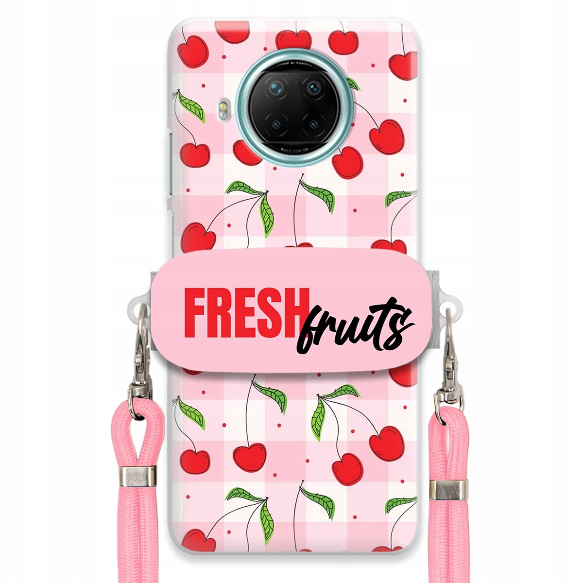 Pouzdro pro Xiaomi Redmi Note 9 5G Držák Šňůrka Růžová Fresh Fruits Mřížka