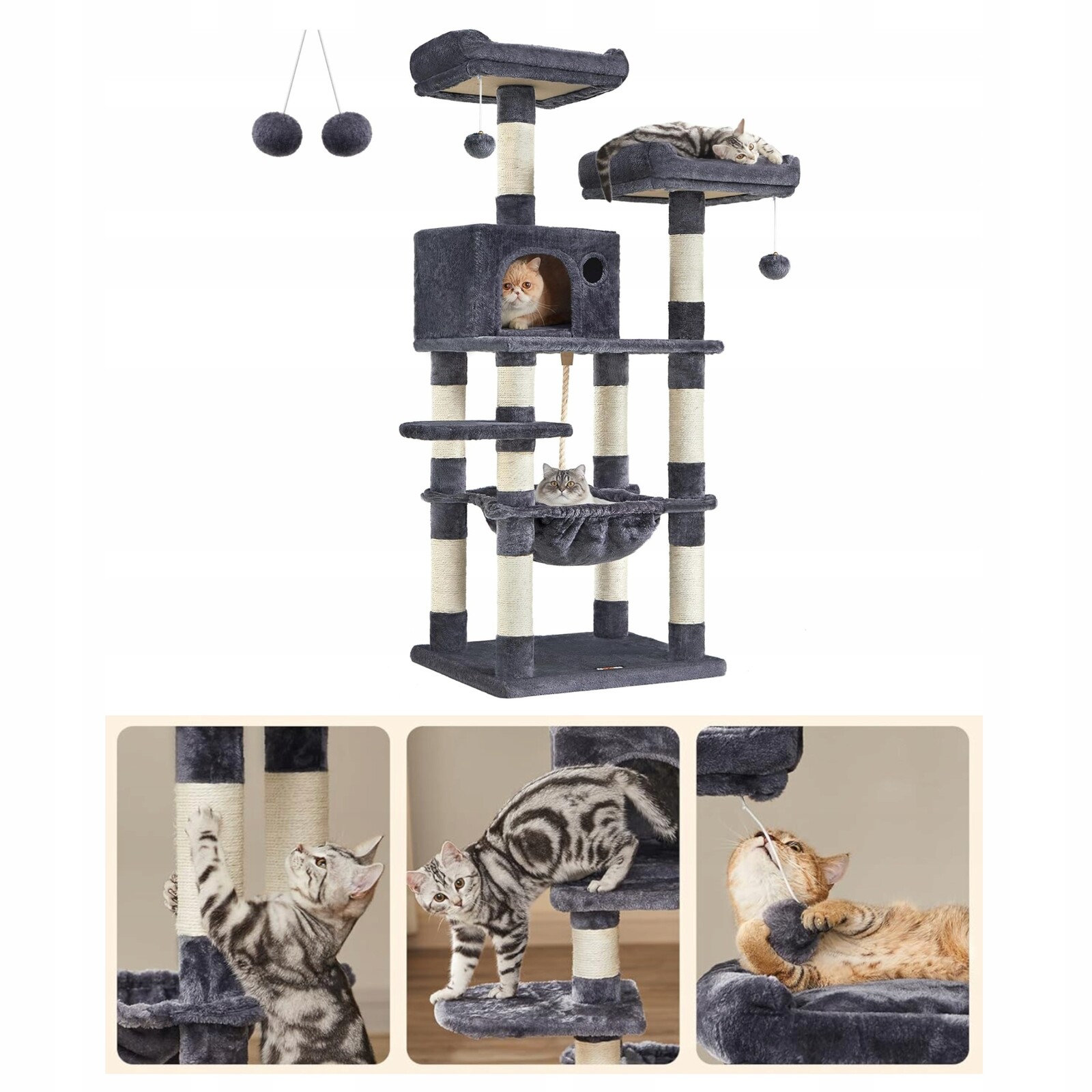 Houpací síť| Škrabadlo pro kočky 2 pelíšky Kouřově šedá 6 plošin
