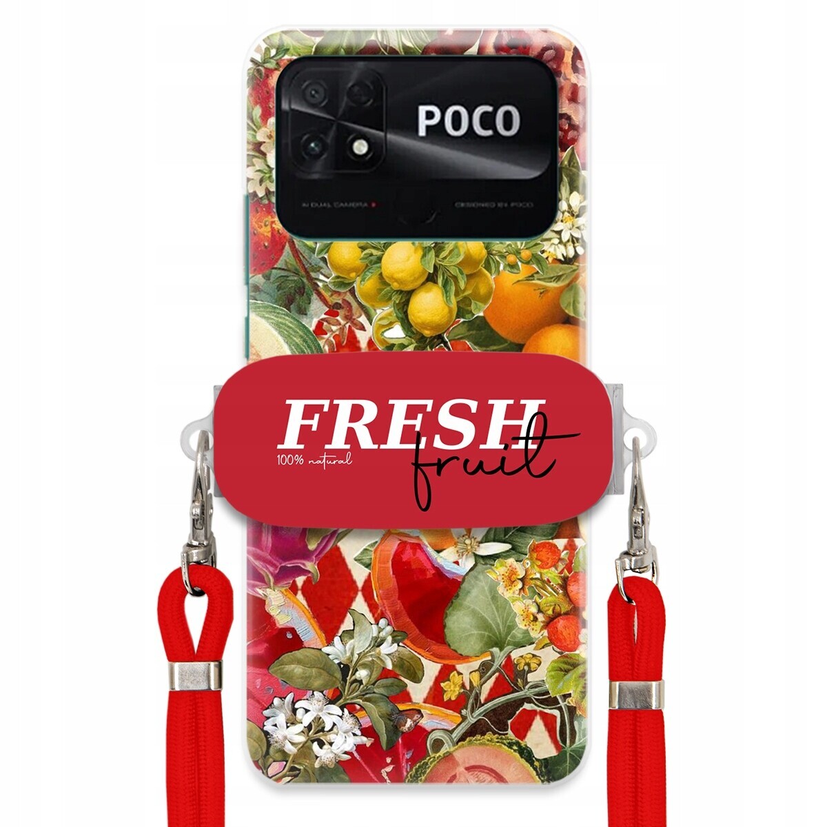 Pouzdro pro Xiaomi Poco C40 Červené Crossbody vodítko Držák Fresh Fruit Ovoce