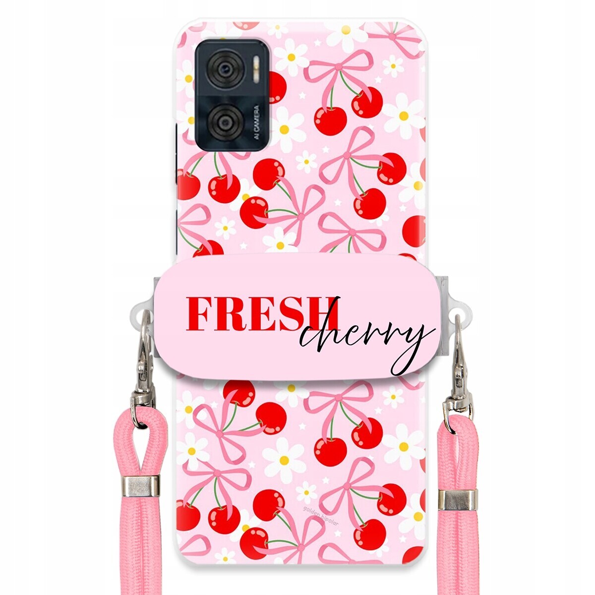 Pouzdro pro Motorola E22i Case Držák Šňůrka Růžová Fresh Cherry Kokardy