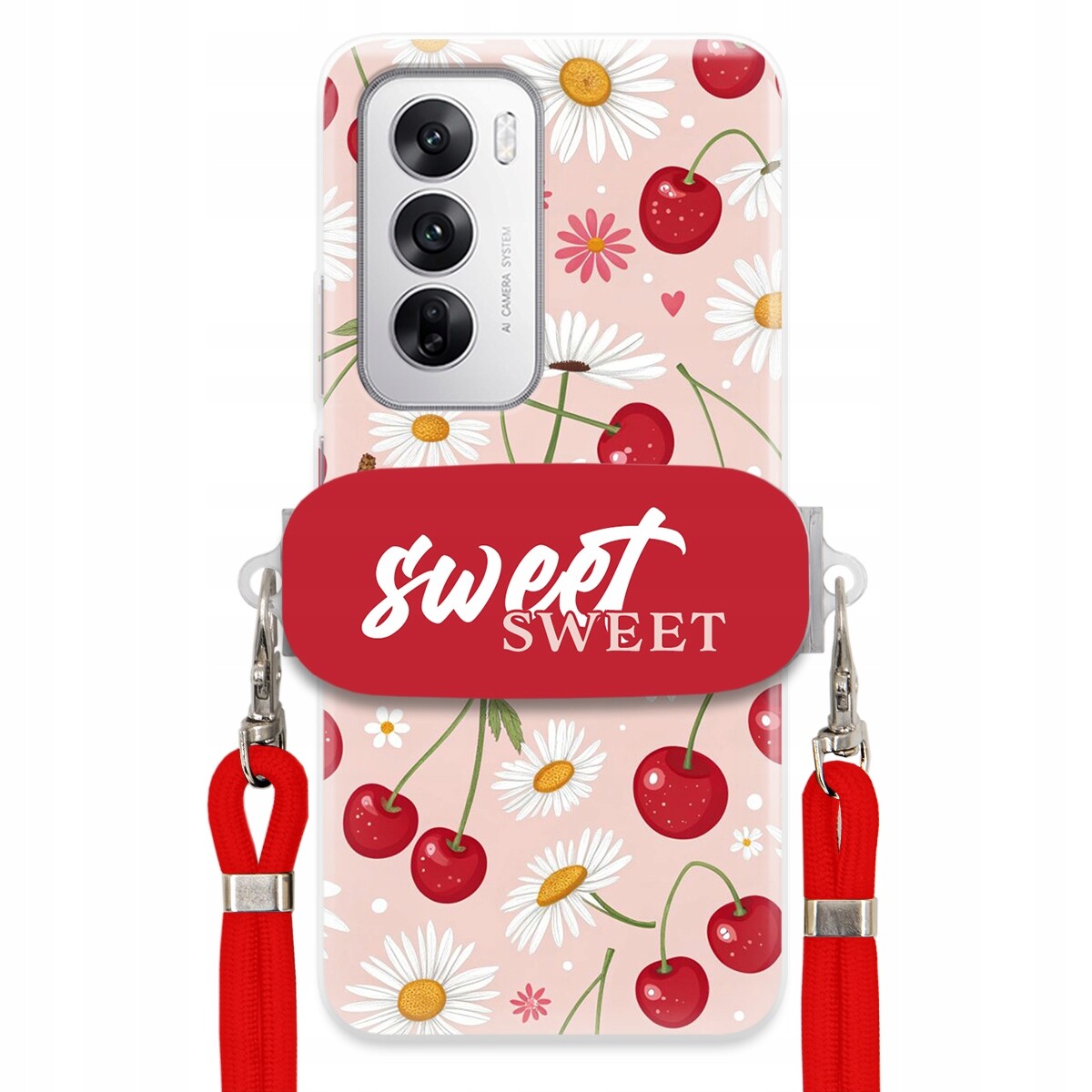 Pouzdro pro Oppo Reno 12 5G Červené vodítko držák Crossbody Sweet Višňový Květ