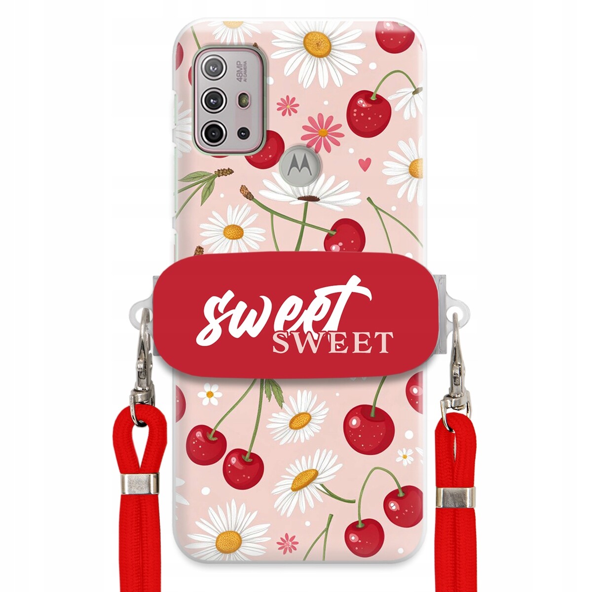 Pouzdro pro Motorola G20 Červené vodítko držák Crossbody Sweet Višňový Květ