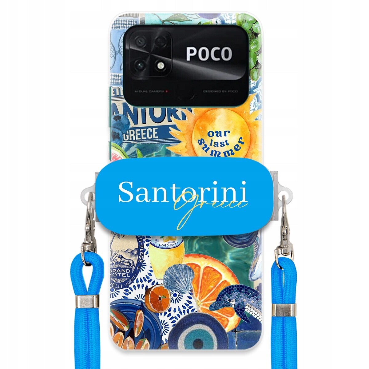 Pouzdro pro Xiaomi Poco C40 Modré Crossbody vodítko držák Santorini Greece