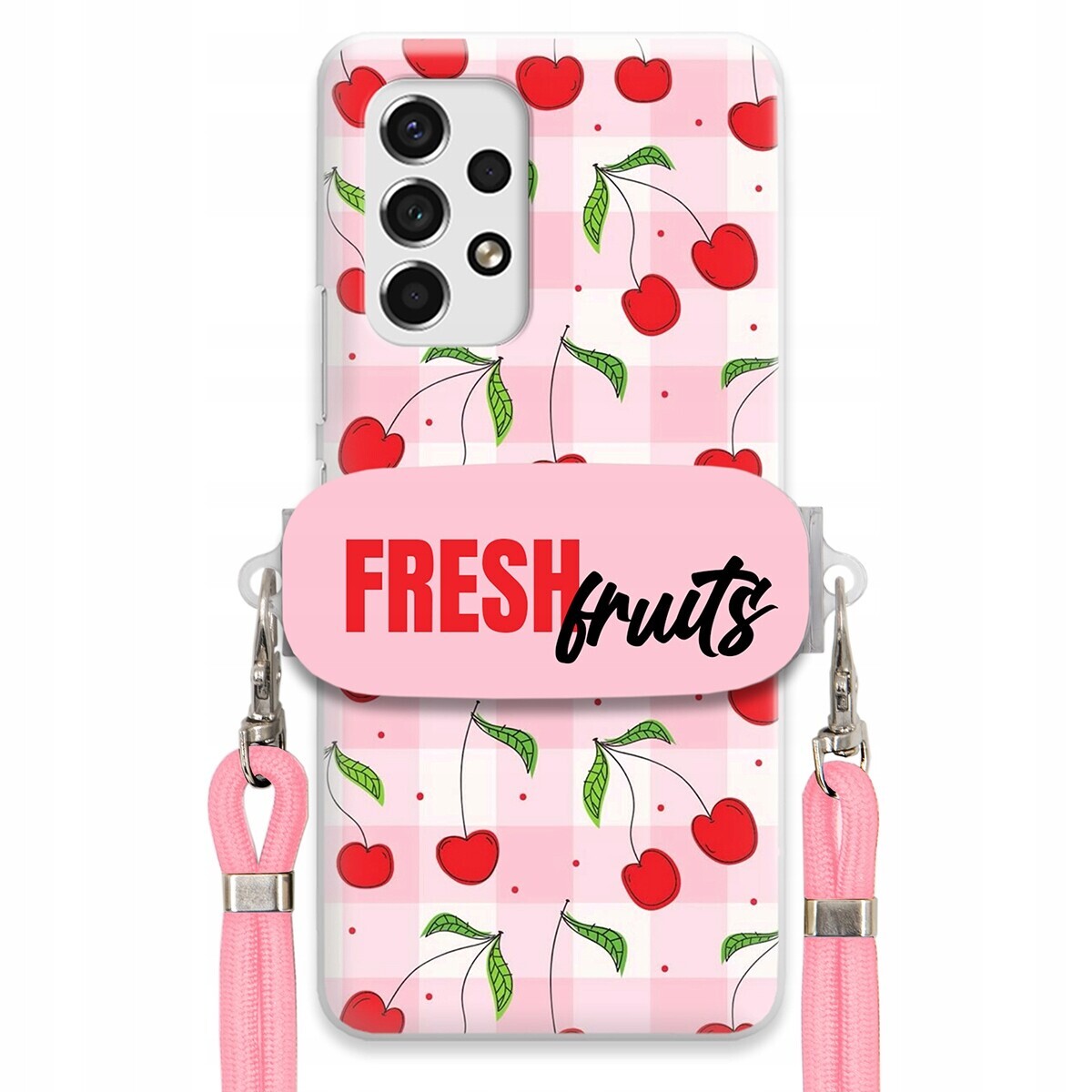 Pouzdro pro Samsung A53 5G Case Držák Šňůrka Růžová Fresh Fruits Mřížka