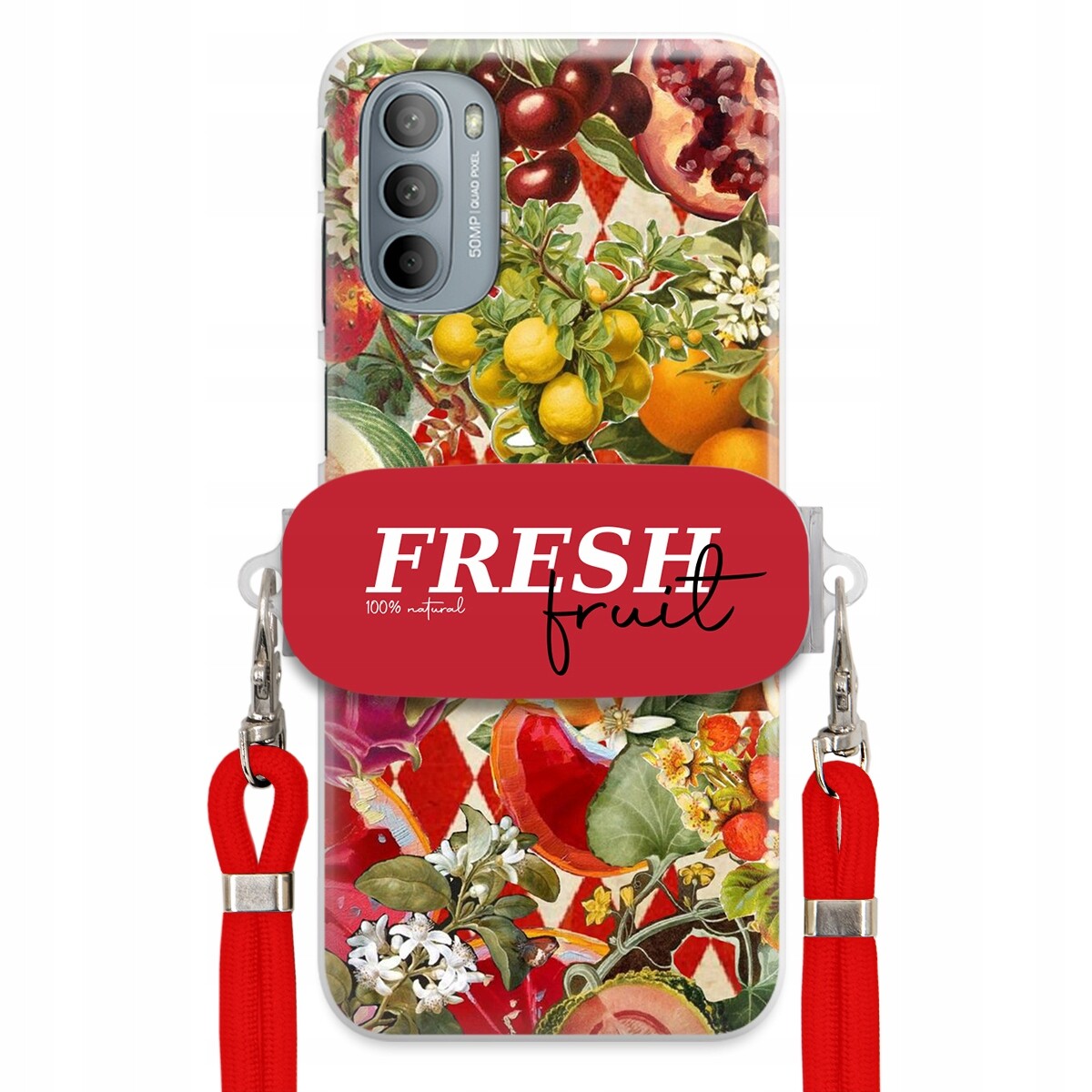 Pouzdro pro Motorola G31 4G Červené Crossbody vodítko Držák Fresh Fruit Ovoce