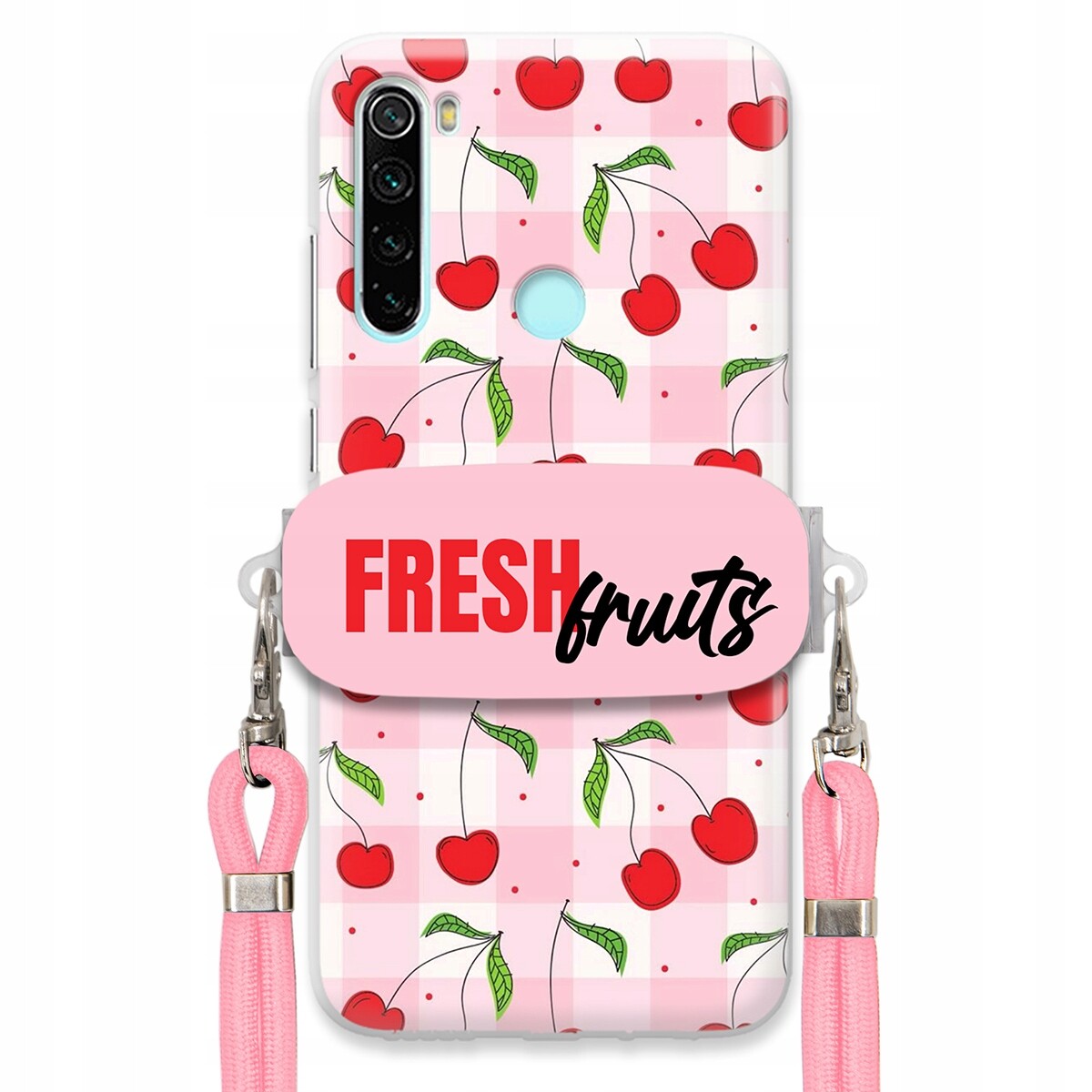 Pouzdro pro Xiaomi Redmi Note 8 2021 Držák Šňůrka Růžová Fresh Fruits Mřížka