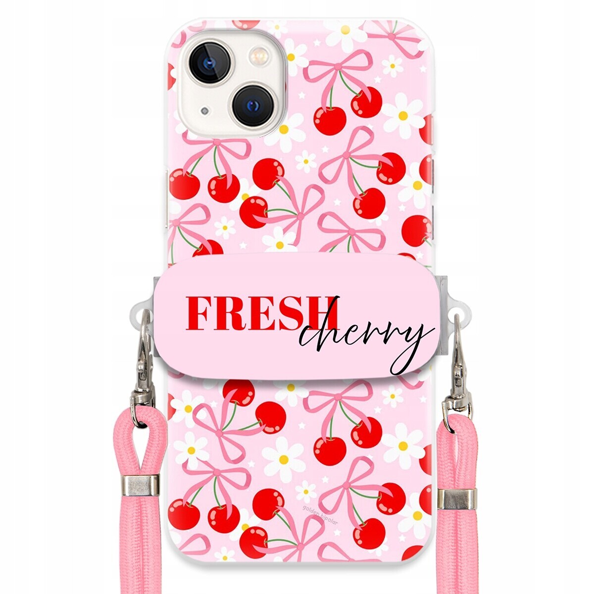 Pouzdro pro iPhone 14 Plus Case Držák Šňůrka Růžová Fresh Cherry Kokardy
