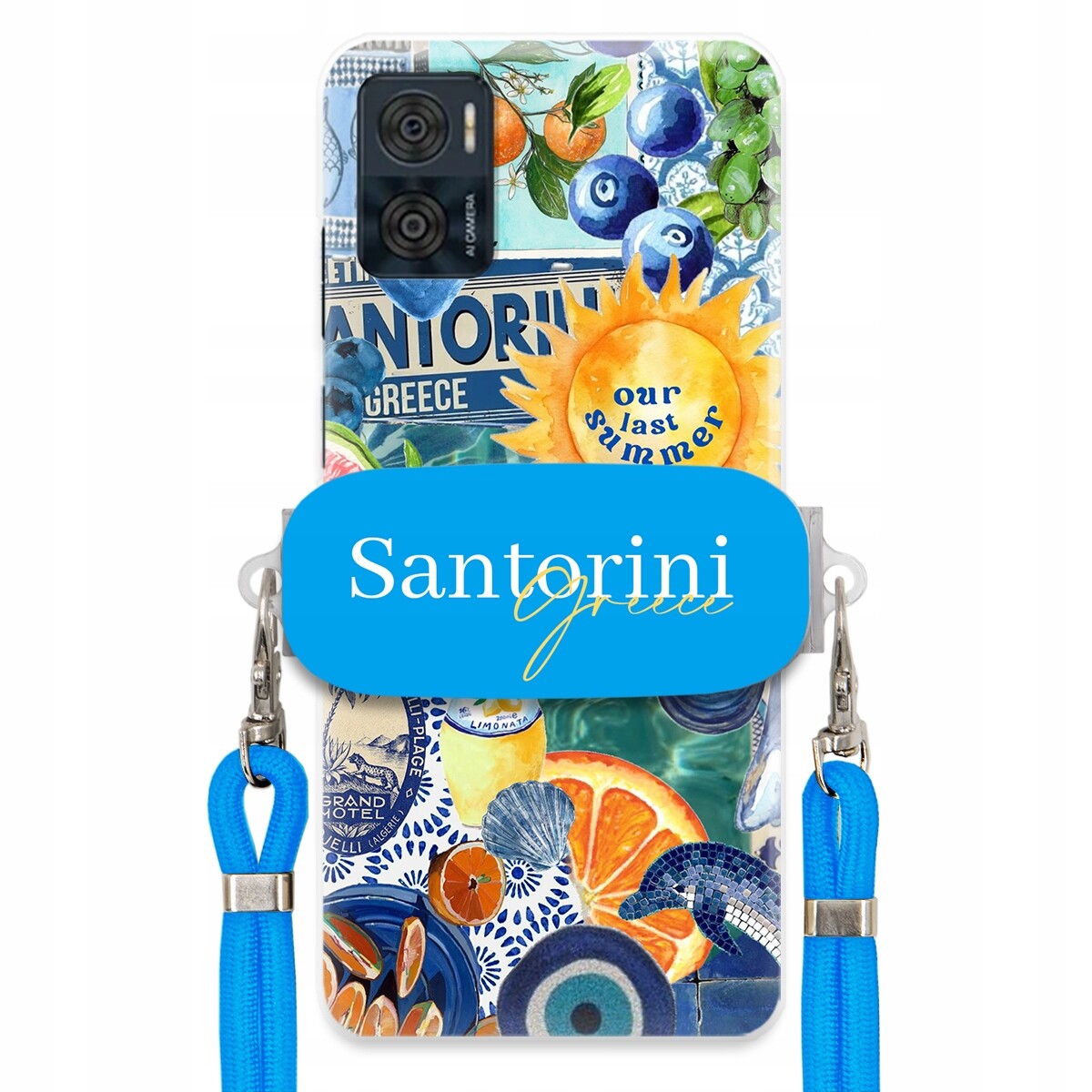 Pouzdro pro Motorola E22 Modré Crossbody vodítko Držák Santorini Sea Vibes
