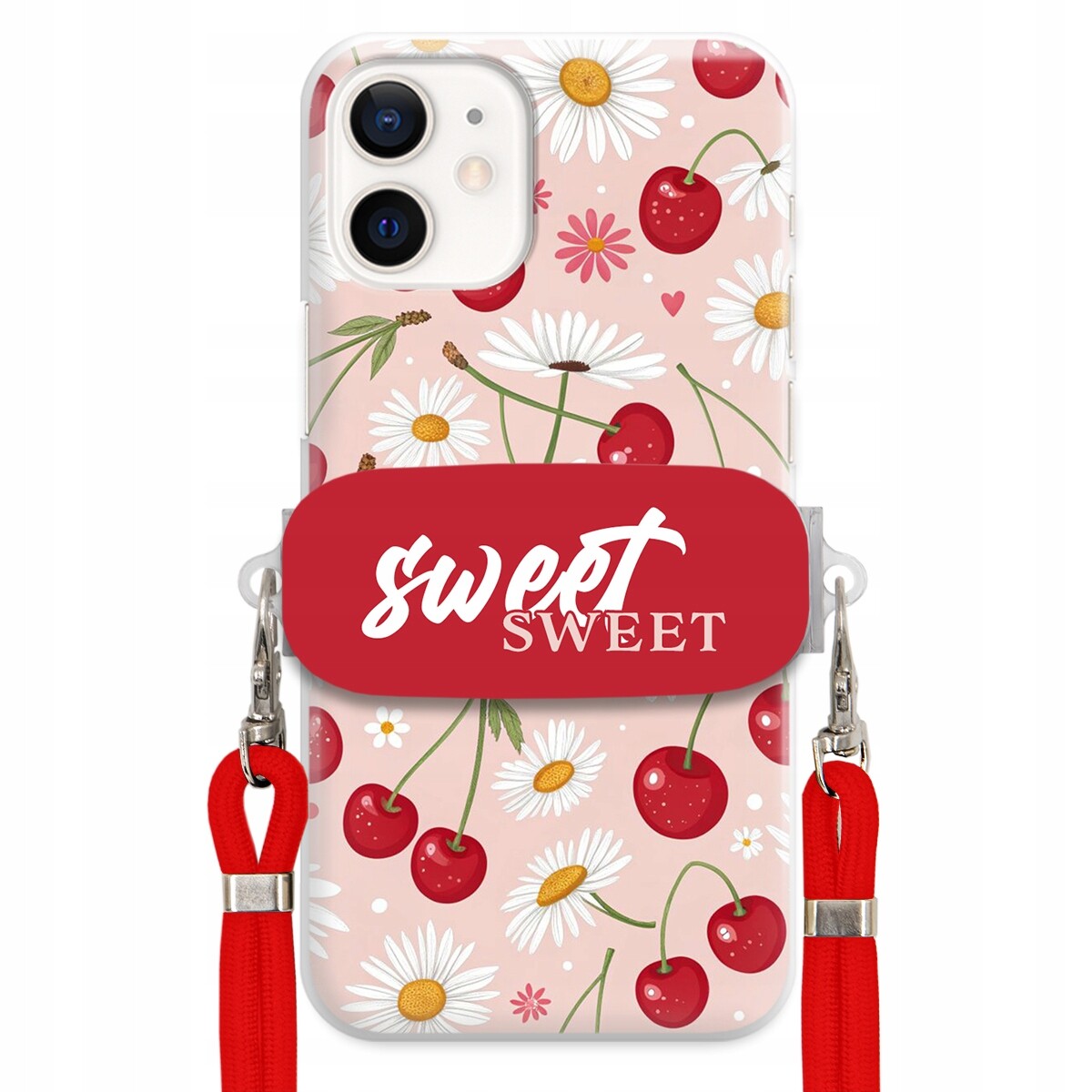 Pouzdro pro iPhone 12 Mini Červené vodítko držák Crossbody Sweet Višňový Květ