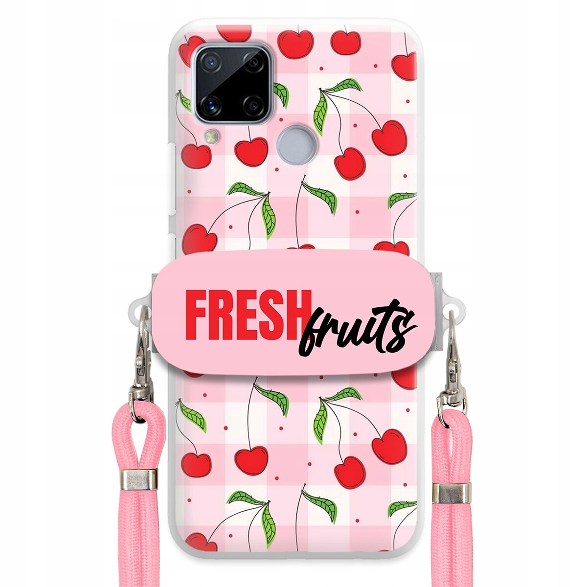 Pouzdro pro Realme C15 Case Držák Šňůrka Růžová Fresh Fruits Mřížka Ovoce