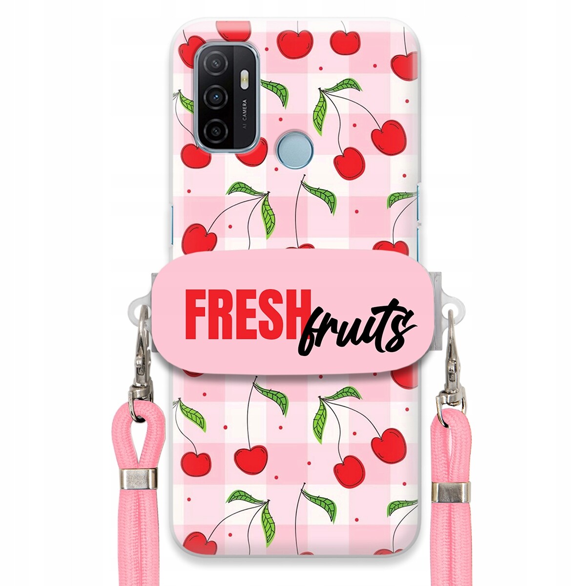 Pouzdro pro Oppo A53s Case Držák Šňůrka Růžová Fresh Fruits Mřížka Ovoce