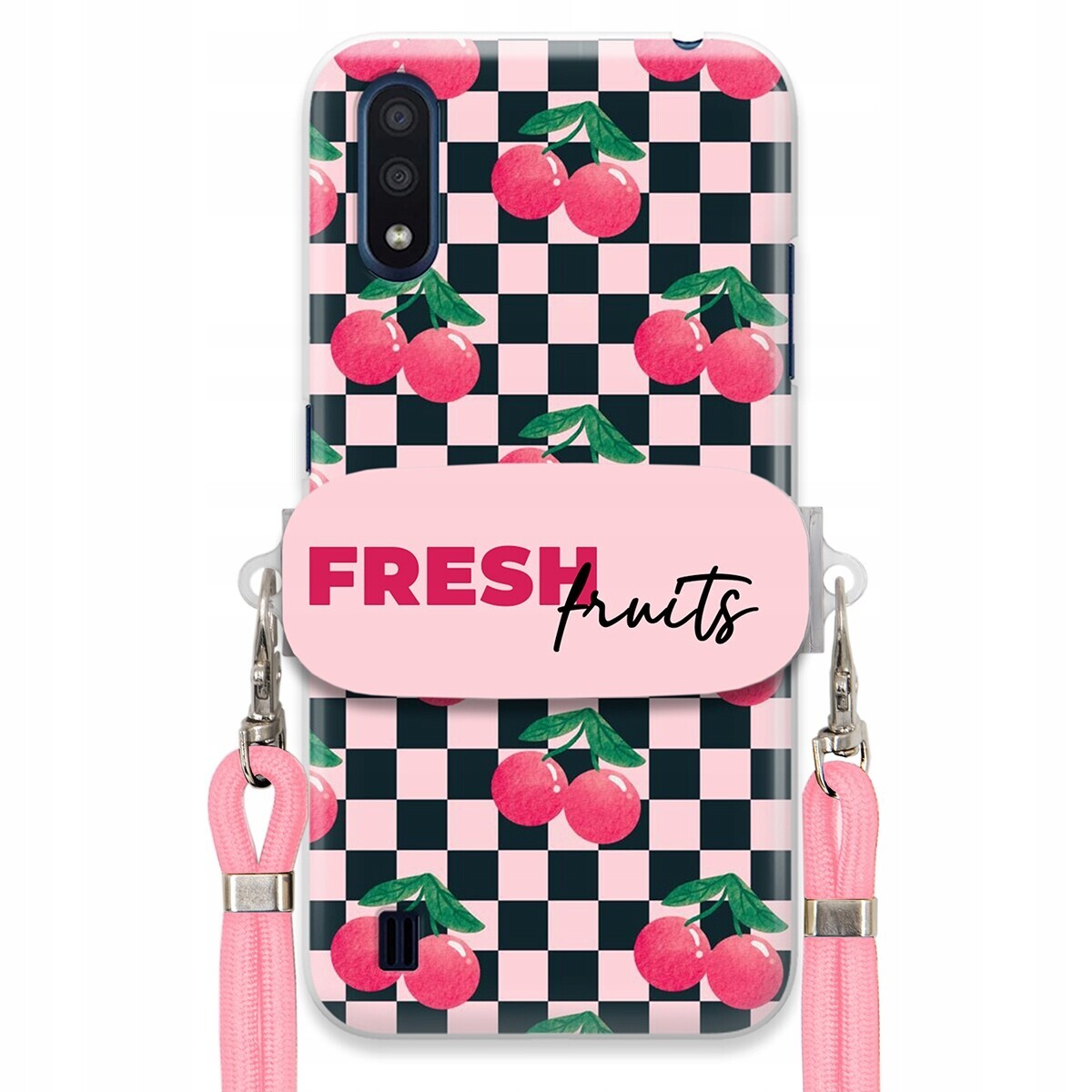 Pouzdro pro Samsung M01 Vodítko Pink Crossbody Držák Šachovnice Fresh Fruits