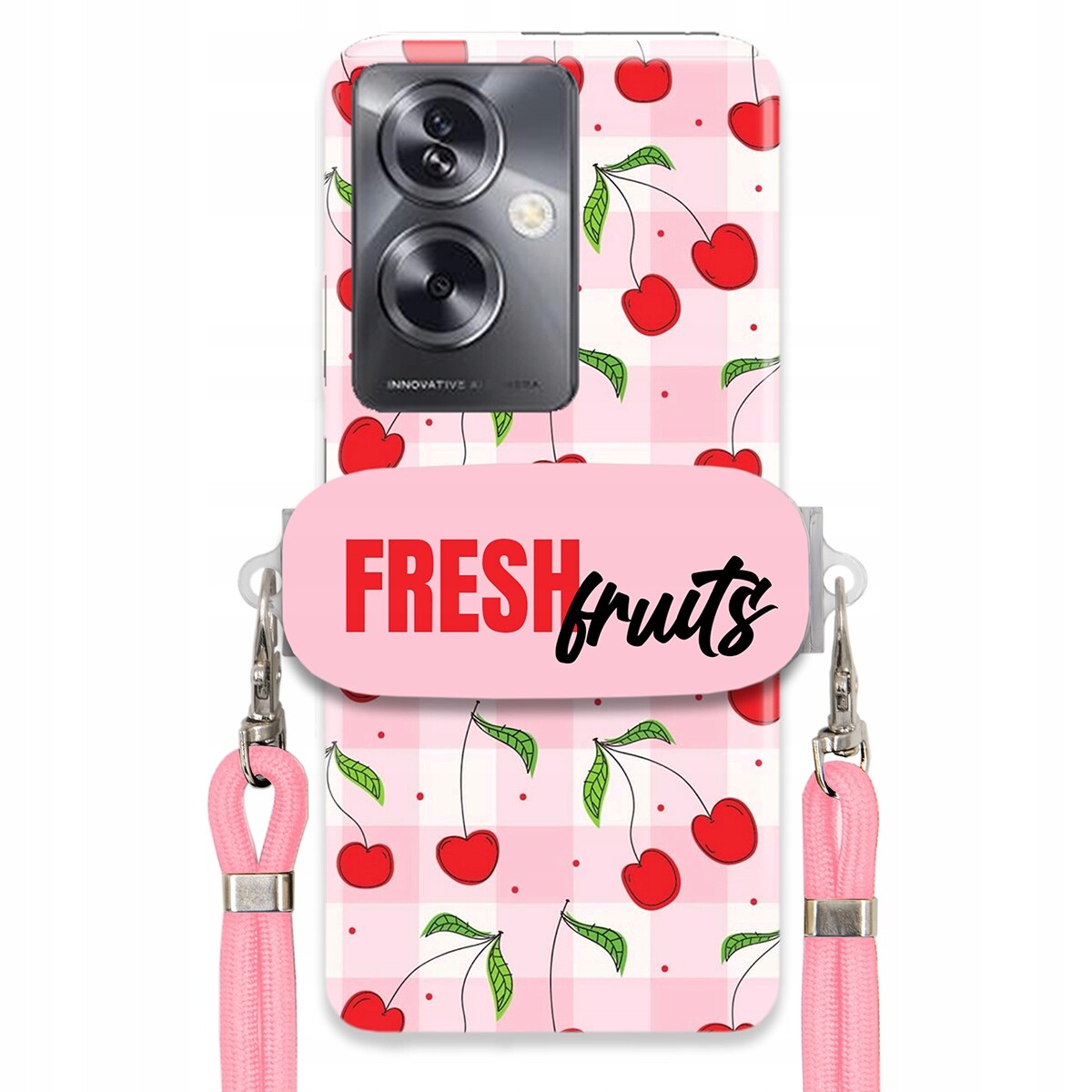 Pouzdro pro Oppo A79 5G Case Držák Šňůrka Růžová Fresh Fruits Mřížka Ovoce