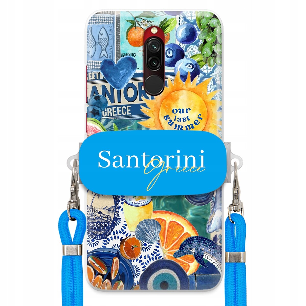 Pouzdro pro Xiaomi Redmi 8 Modré Crossbody vodítko držák Santorini Greece