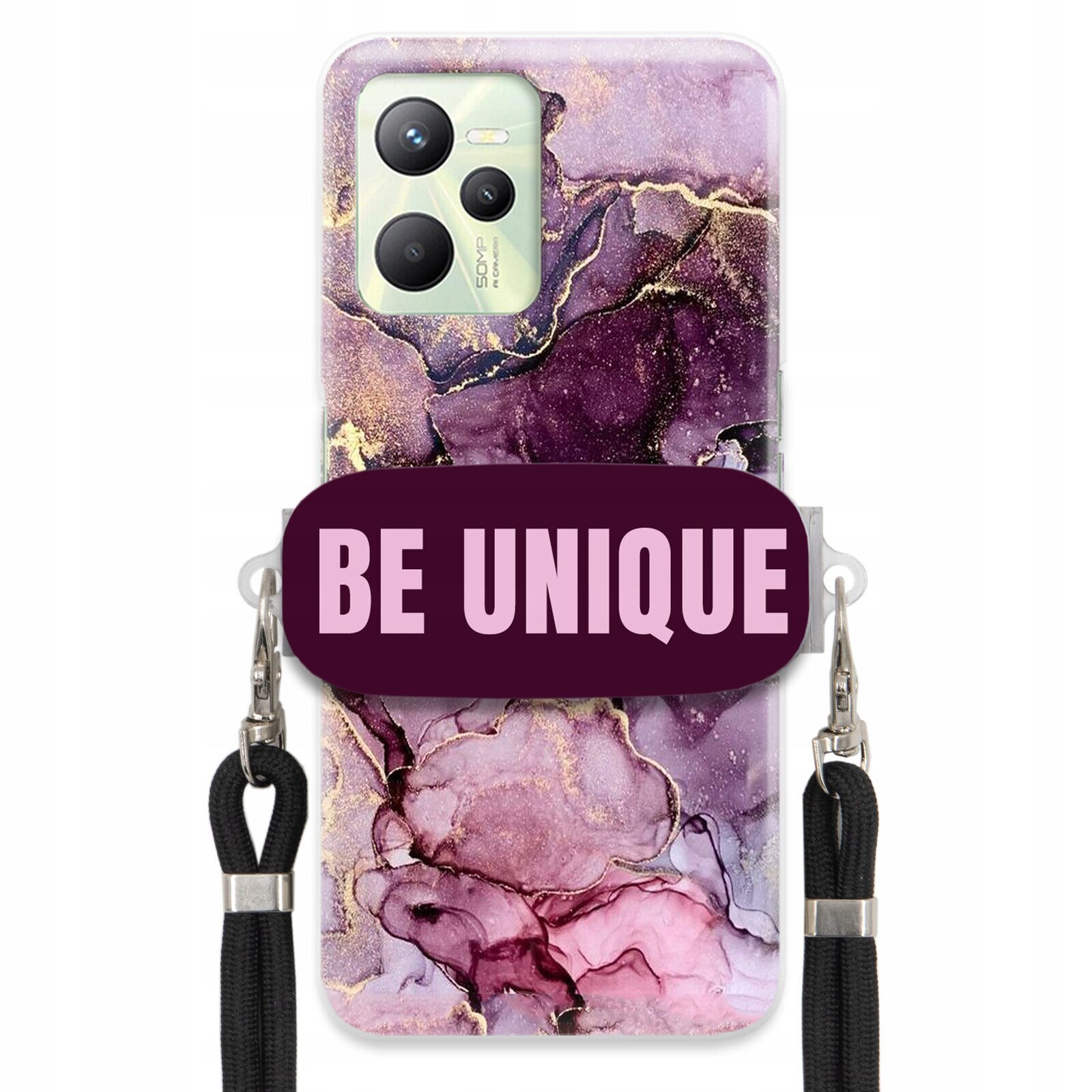 Pouzdro pro Realme C35 Case úchytka na šňůrku Černý fialový mramor
