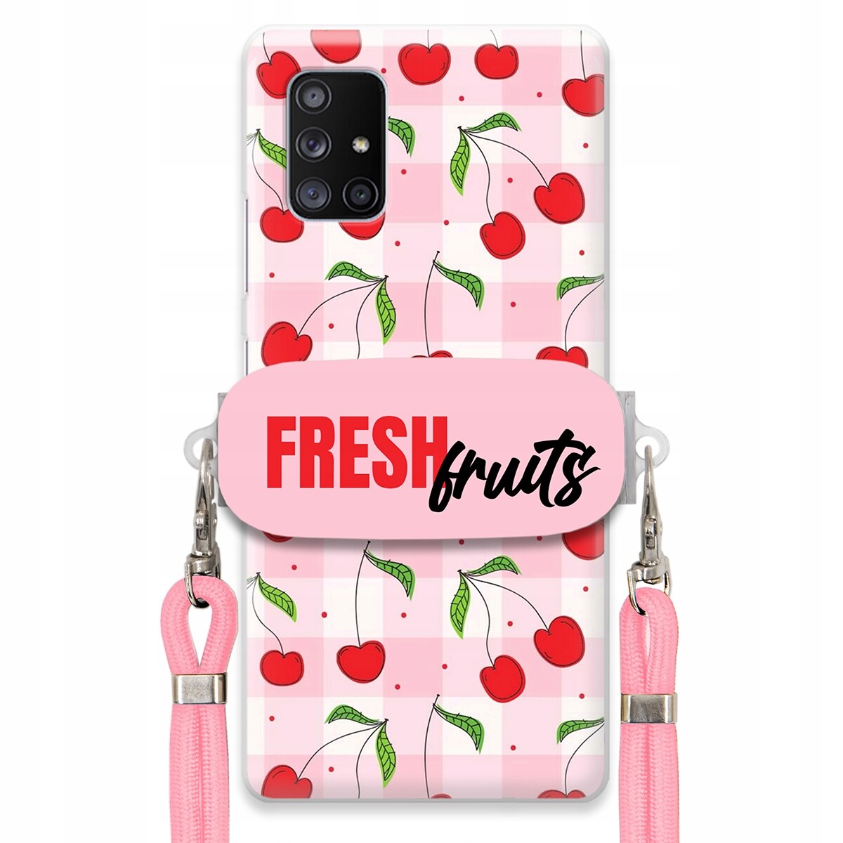 Pouzdro pro Samsung A71 5G Case Držák Šňůrka Růžová Fresh Fruits Mřížka