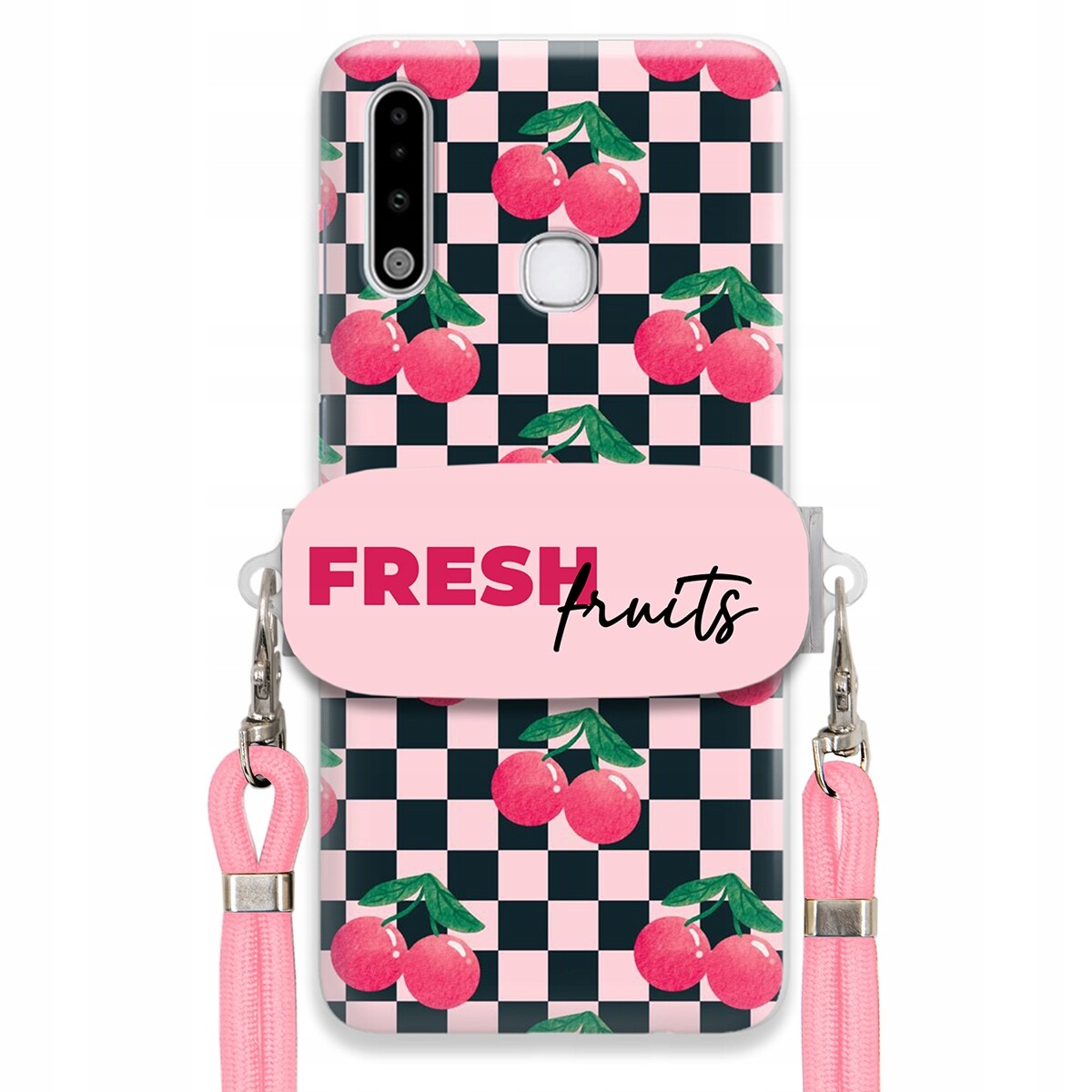 Pouzdro pro Samsung A70e Vodítko Pink Crossbody Držák Šachovnice Fresh Fruits
