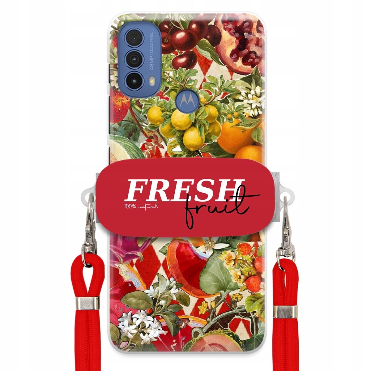 Pouzdro pro Motorola E30 Červené Crossbody vodítko Držák Fresh Fruit Ovocné