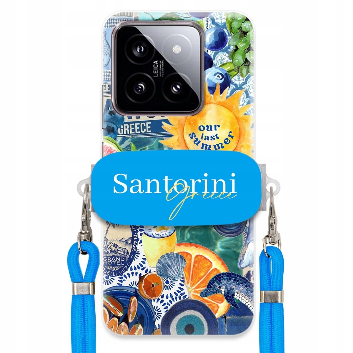 Pouzdro pro Xiaomi 14 Modré Crossbody vodítko Držák Santorini Sea Vibes