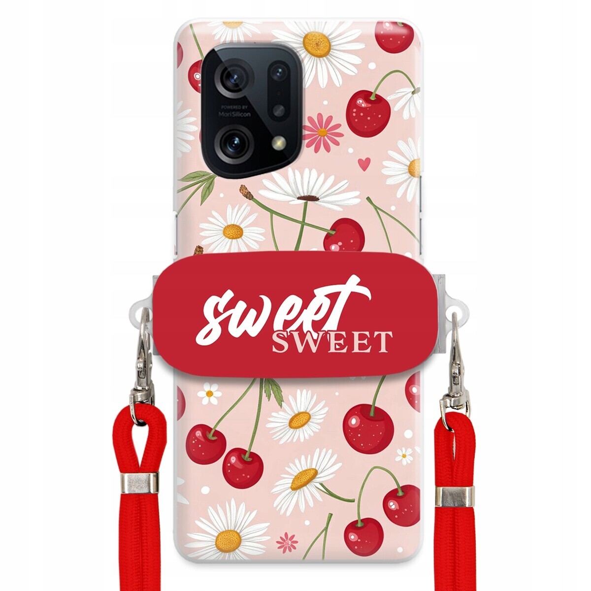 Pouzdro pro Oppo Find X5 Červené vodítko držák Crossbody Sweet Višňový Květ