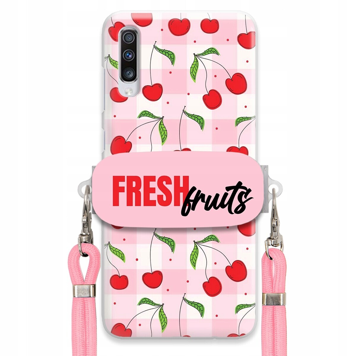 Pouzdro pro Samsung A70 Case Držák Šňůrka Růžová Fresh Fruits Mřížka Ovoce