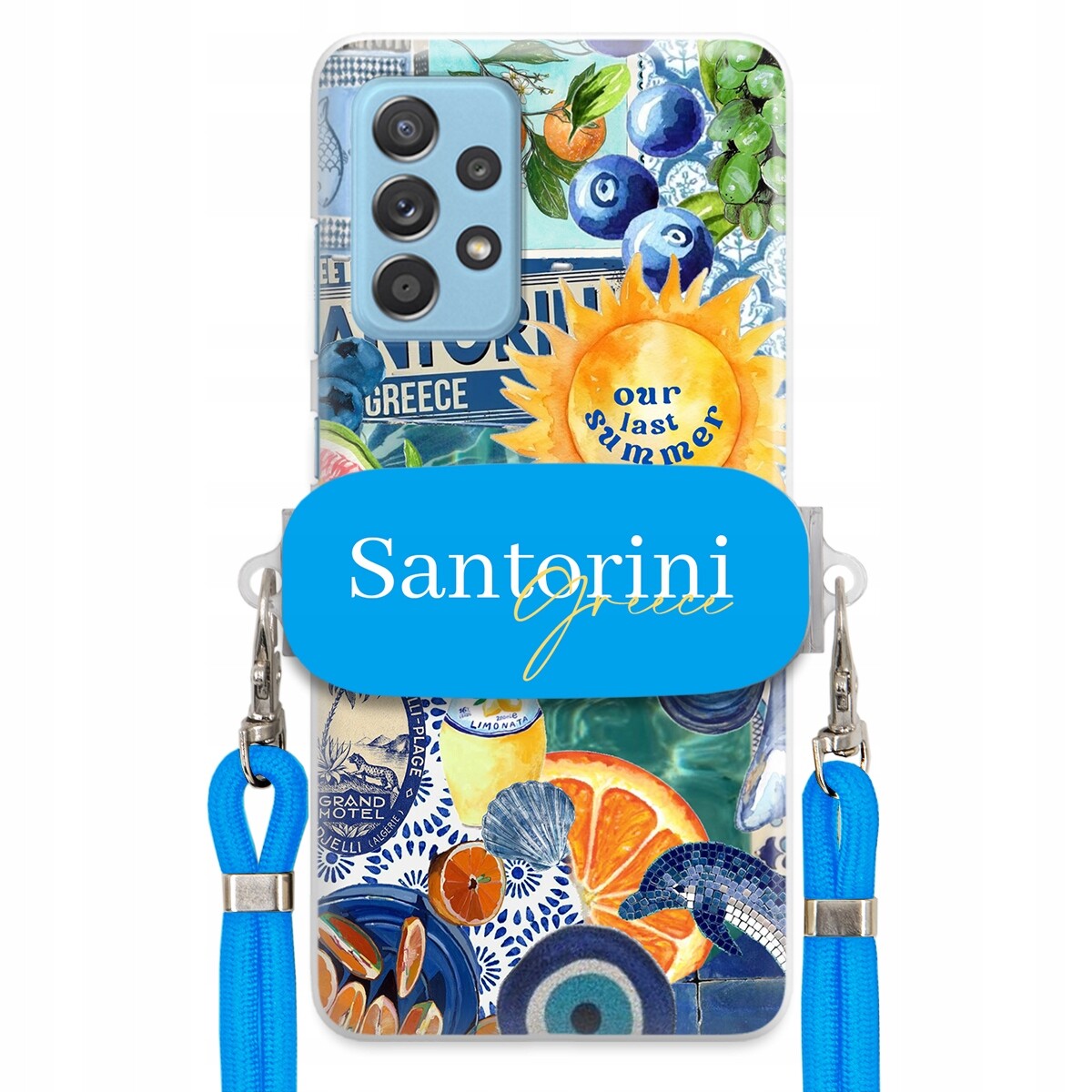 Pouzdro pro Samsung A33 5G Modré Crossbody vodítko držák Santorini Greece