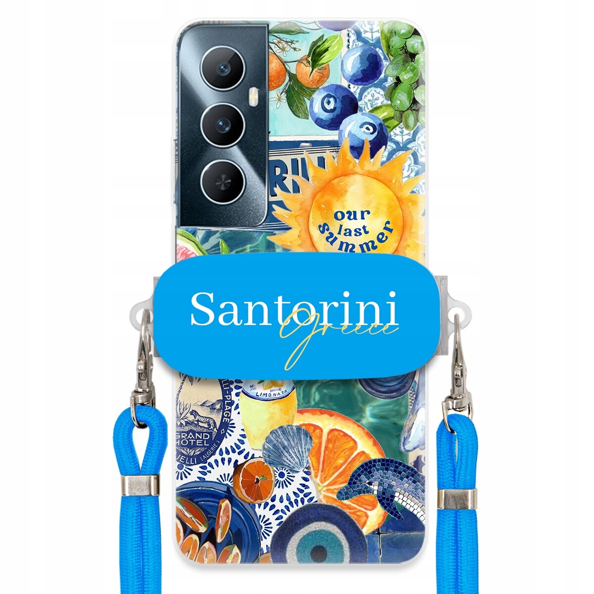 Pouzdro pro Realme C65 4G Modré Crossbody vodítko Držák Santorini Greece
