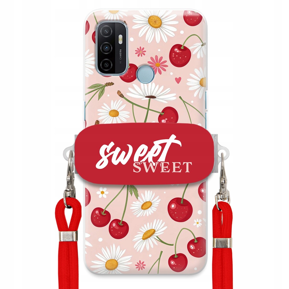 Pouzdro pro Oppo A53 Červené vodítko držák Crossbody Sweet Sweet Višňový Květ