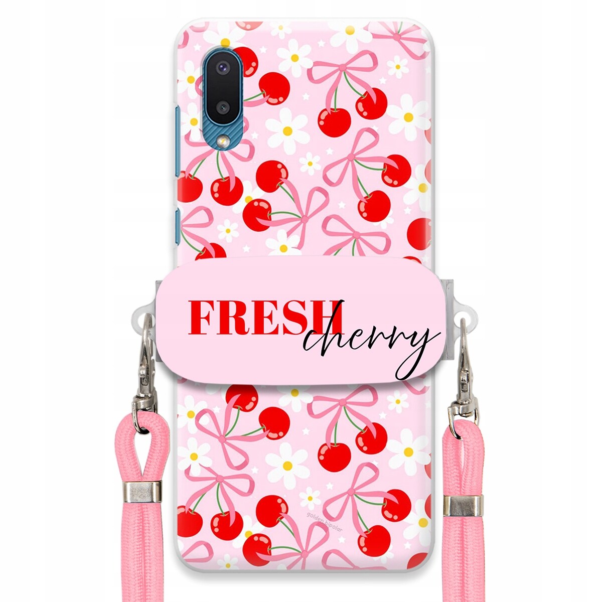 Pouzdro pro Samsung A02 Case Držák Šňůrka Růžová Cherry Třešničky Mašličky
