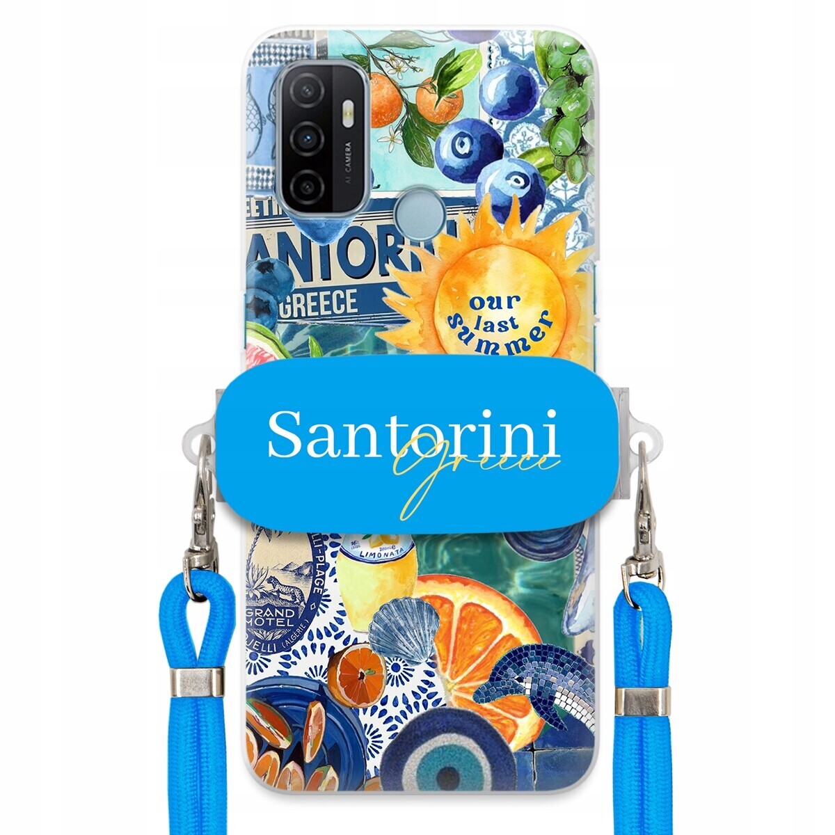 Pouzdro pro Oppo A53s Modré Crossbody vodítko Držák Santorini Sea Vibes