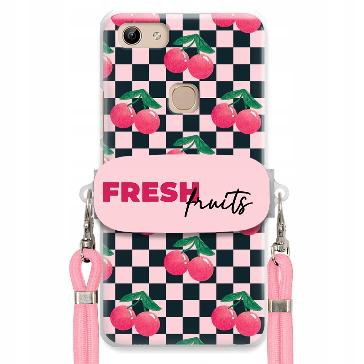 pouzdro na Vivo Y81 Růžové vodítko Funkční rukojeť Fresh Fruits Šachovnice