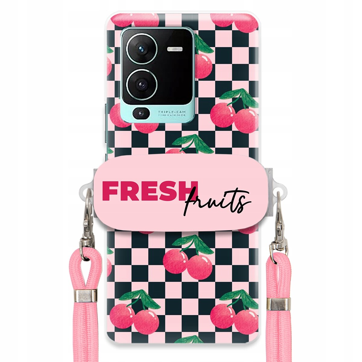 pouzdro na Vivo S15 Pro Vodítko Pink Crossbody Držák Šachovnice Fresh Fruits