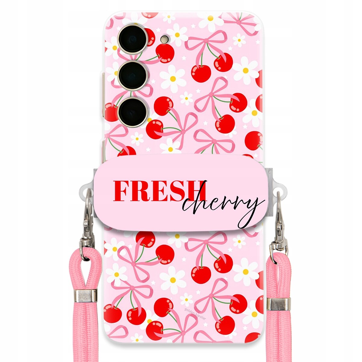 Pouzdro pro Samsung S24 Case Držák Šňůrka Růžová Cherry Třešničky Mašličky