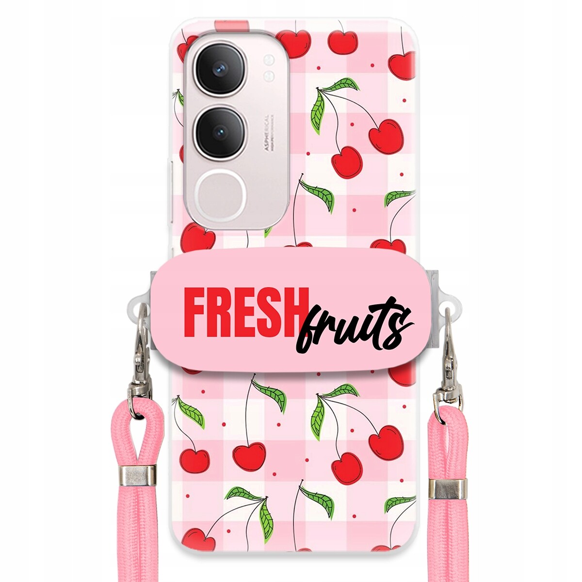 pouzdro na Vivo Y19S 4G Case Držák Šňůrka Růžová Fresh Fruits Mřížka Ovoce